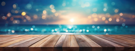 Wooden deck surface on sea waterfront simple panorama background, empty copy space for textの素材