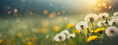 Dandelions and Buttercups in a Luminous Field at Sunset. The soft glow of sunset highlights the delicate dandelions and vibrant buttercups in this peaceful natural setting.の素材