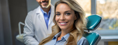Middle-aged woman smiles and sits in medical chair at dental clinic on the background man dentist. Trust between the attending physician and the patientの素材