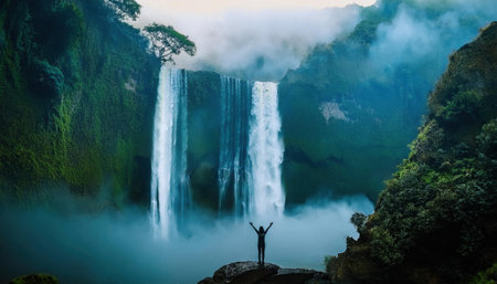 Misty waterfall surrounded by lush green forest with a person raising arms.の素材