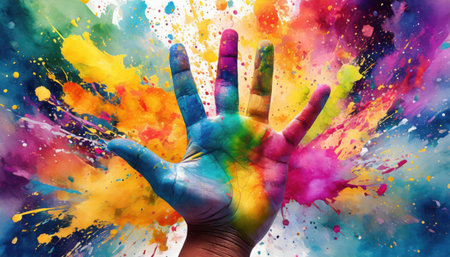 Close-up of a hand painted in multiple colors against a vivid splash background, symbolizing creativity and expression through art.の素材