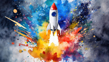 Rocket launching with a colorful explosion in space.の素材