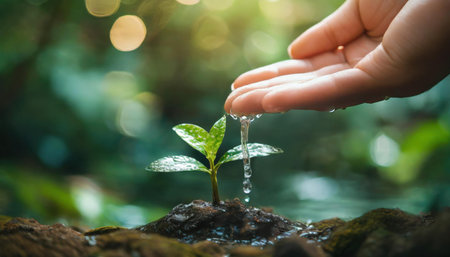 A hand gently pouring water on a young plant with a blurred background.の素材