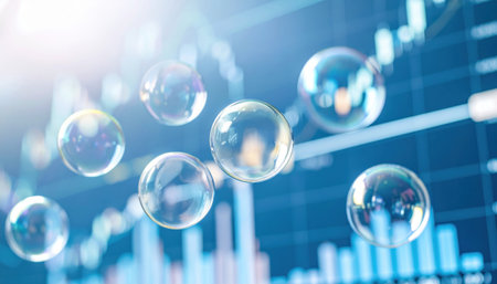 Financial bubbles floating over a stock market chart symbolizing economic uncertainty, risk, market volatility, and speculative trends.の素材