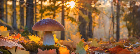 Close-up of a mushroom in an autumn forest with sunlight filtering through the trees, surrounded by colorful fallen leavesの素材
