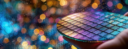 A vibrant semiconductor wafer glows with iridescent colors. Technological marvel shines, showing intricate circuit patterns. Panorama with copy space..の素材
