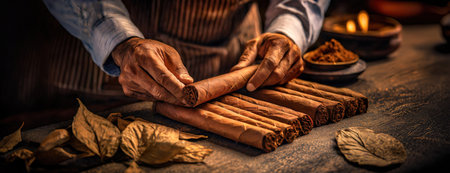 Artisanal Cigar Making Process by Skilled Craftsman. An artisan's hands carefully rolling cigars, meticulous process and traditional techniques used in the craftsmanship of tobacco..の素材