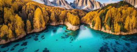 A beautiful landscape with turquoise water surrounded by yellow autumn trees and distant mountains under a clear skyの素材