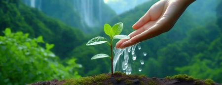 Nurturing Growth: Hand Watering a Young Plant. A hand gently waters a young, green plant with droplets falling from fingertips, symbolizing care and growth in a lush forest environment..の素材