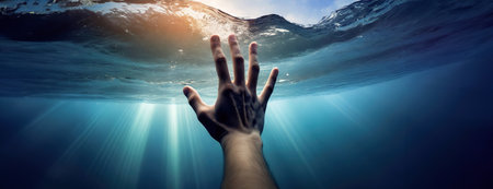 Hand Reaching Out Underwater. Panorama with copy space..の素材