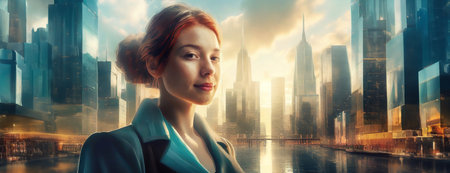 A confident woman in a futuristic cityscape with tall glass buildings at dawn.の素材