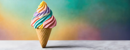 Colorful Soft Serve Ice Cream on Cone. Swirls of multicolored creamy delight create a delightful summer treat. Panorama with copy space..の素材