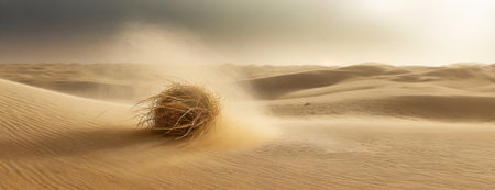 A tumbleweed rolling across a desert landscape under a hazy sky with soft winds blowing sand..の素材