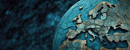 Ethereal Blue Cracked Texture on Planet Surface. A celestial body's surface is covered in intricate blue cracks, giving an otherworldly appearance to the cosmic landscape.の素材