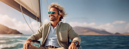 A man with blonde curly hair and sunglasses smiling while sitting in a wheelchair and enjoying a sunny day on a sailboat, with the ocean and distant mountains in the background..の素材