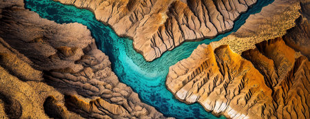 Aerial View of a Turquoise River Winding Through a Rugged Canyon Landscape. Description: This high angle shot captures the stark contrast between the vibrant blue water and the deep, textured brown cliffs.の素材
