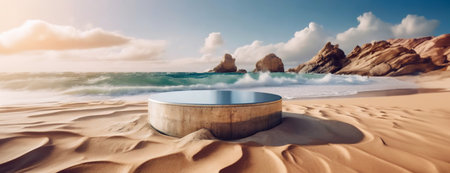An elegant glass structure rests on a sandy shore, waves gently lapping. Empty pedestal stand for product advertising. The harmony of the design blends with the natural beauty of the beach..の素材
