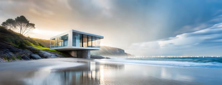 Modern Architecture Mastery by the Ocean. A stunning modern house with large glass windows stands on the cliffside, overlooking a serene beach as the sun breaks through the clouds.の素材