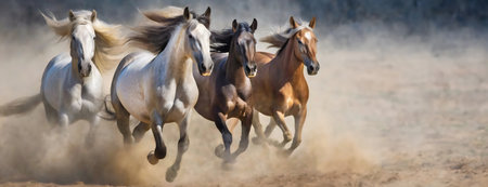 Wild Horses Running Free Across a Dusty Plain. Manes flowing, the herd gallops with powerful grace, kicking up a cloud of dust on the open terrain. Panorama with copy space..の素材