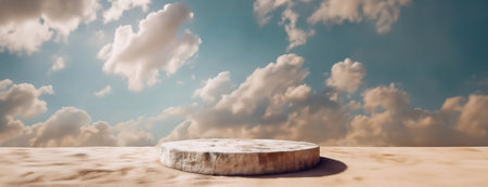 A round stone platform sits under a sky creating a surreal scene. Smooth and weathered stone contrasts with the soft, ethereal clouds, evoking a dreamy landscape. Panorama with copy space..の素材