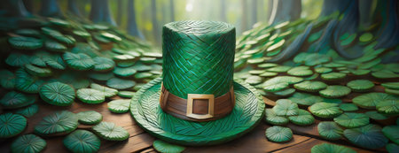 St. Patrick's Day concept with a leprechaun hat on a field of clovers. Festivity of the Irish with a symbolic green cap surrounded by lucky shamrocks..の素材