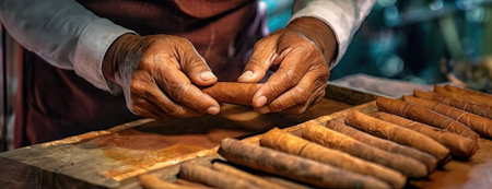 Close-up shot of skilled hands of elderly man carefully rolling cigars on a rustic wooden surface..の素材