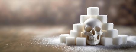 Sugar Cubes Forming a Skull, Metaphor for Sweetness and Danger. Confectionery blocks create a skeletal warning symbol amid granulated surroundings. Panorama with copy space..の素材