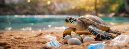 Sea turtle on sand with eggs with plastic debris around. A juvenile sea turtle amidst plastic debris on the beach, highlighting environmental concerns.の素材