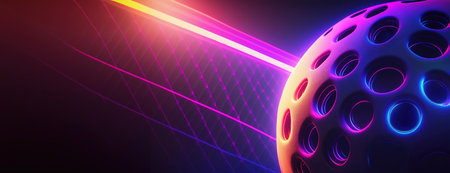 Pickleball sport game and perforated hollow plastic ball with futuristic abstract design and glowing neon lights. Recreational activity and the playful nature of outdoor sports..の素材
