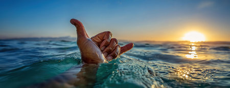 Hand making the shaka sign while floating in the ocean during sunset. Panorama with copy space..の素材