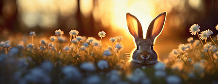 A rabbit sitting in a field with wildflowers during sunset. Close-up of a hare in meadow with daisies and golden light.の素材
