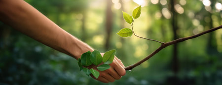 Hand holding a leafy branch, symbolizing connection to nature in a lush forest. World Environment Day..の素材