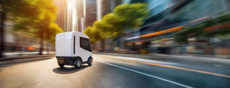 Autonomous delivery robot navigates a city street. Swift movement through the urban environment. Self-driving bot transports goods amidst skyscrapers. Panorama with copy space..の素材
