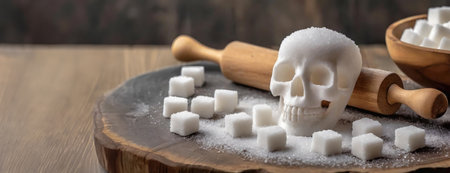 A skull-shaped sugar mound is surrounded by cubes. It suggests the hidden dangers of excessive sugar intake. Panorama with copy space..の素材