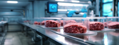Inside a futuristic lab with trays of packaged synthetic meat neatly arranged on a conveyor, with a robotic arm in the backgroundの素材