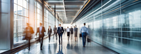 Business people walking in blurred modern office corridor.の素材