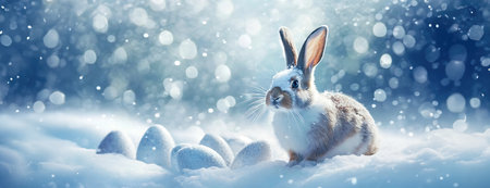 Winter Wonderland Scene with a Rabbit Among Snowy Glistening Flakes. Easter Bunny explores a wintry landscape dotted with snow-covered eggs, amidst a gently falling flurry of snowflakes. Panorama..の素材