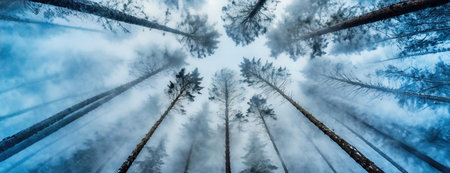 Tall pine trees stretch upwards into the misty sky creating a mystical forest atmosphereの素材