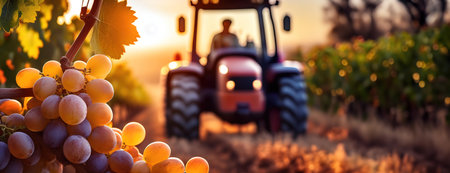 A close-up of ripe grapes on a vineyard with a tractor blurred in the background. Sunset evoking a sense of harvest and wine production..の素材