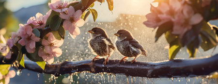 Two sparrows perch on a wet branch among blossoming flowers, with water droplets surrounding them in the morning light. Panorama with copy space..の素材