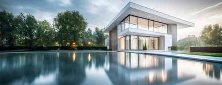 Modern glass-walled house surrounded by lush greenery and reflected in a still, expansive pool under a cloudy sky.の素材