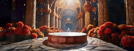 An intricately carved marble platform set in a richly decorated Day of the Dead altar adorned with vibrant marigolds and skull motifs, bathed in warm sunlight inside a church or temple..の素材