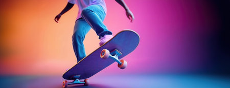 Close-up of a person balancing on a skateboard with a vibrant pink orange background..の素材