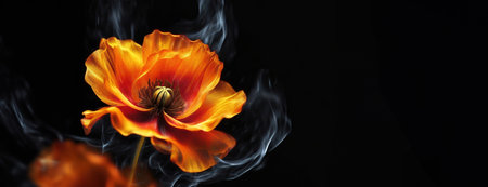 Poppy flower with delicate petals with dark background, surrounded by ethereal smoke, symbolizing remembrance and the fleeting nature of life..の素材