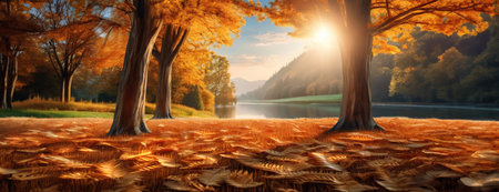 Autumn leaves cover the ground under vibrant orange trees next to a calm lake during sunsetの素材