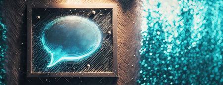 A glowing blue speech bubble integrated into a circuit board, symbolizing communication technology. Futuristic and intricate, it represents the intersection of data and dialogue..の素材