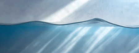 Blue water surface with sunlight reflections against a white background showing a gentle wave curveの素材
