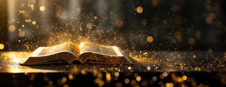 An open Bible book with glowing dust particles surrounding it, creating a magical and spiritual atmosphere..の素材