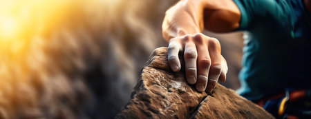 A climber's hand gripping a rock face during a challenging ascent with sunlight illuminating the sceneの素材
