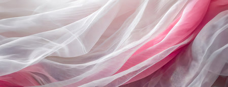 White and pink textile transparent fabric background. Panorama with copy spaceの素材